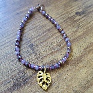 Purple Beaded Bracelet with Gold Leaf Charm
